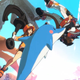 A young woman with a giant anchor rides a dolphin into the sky to attack a reeling man.